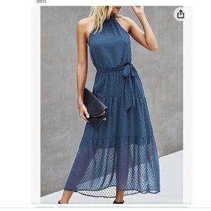 PRETTYGARDEN slate blue tiered halter dress with belt